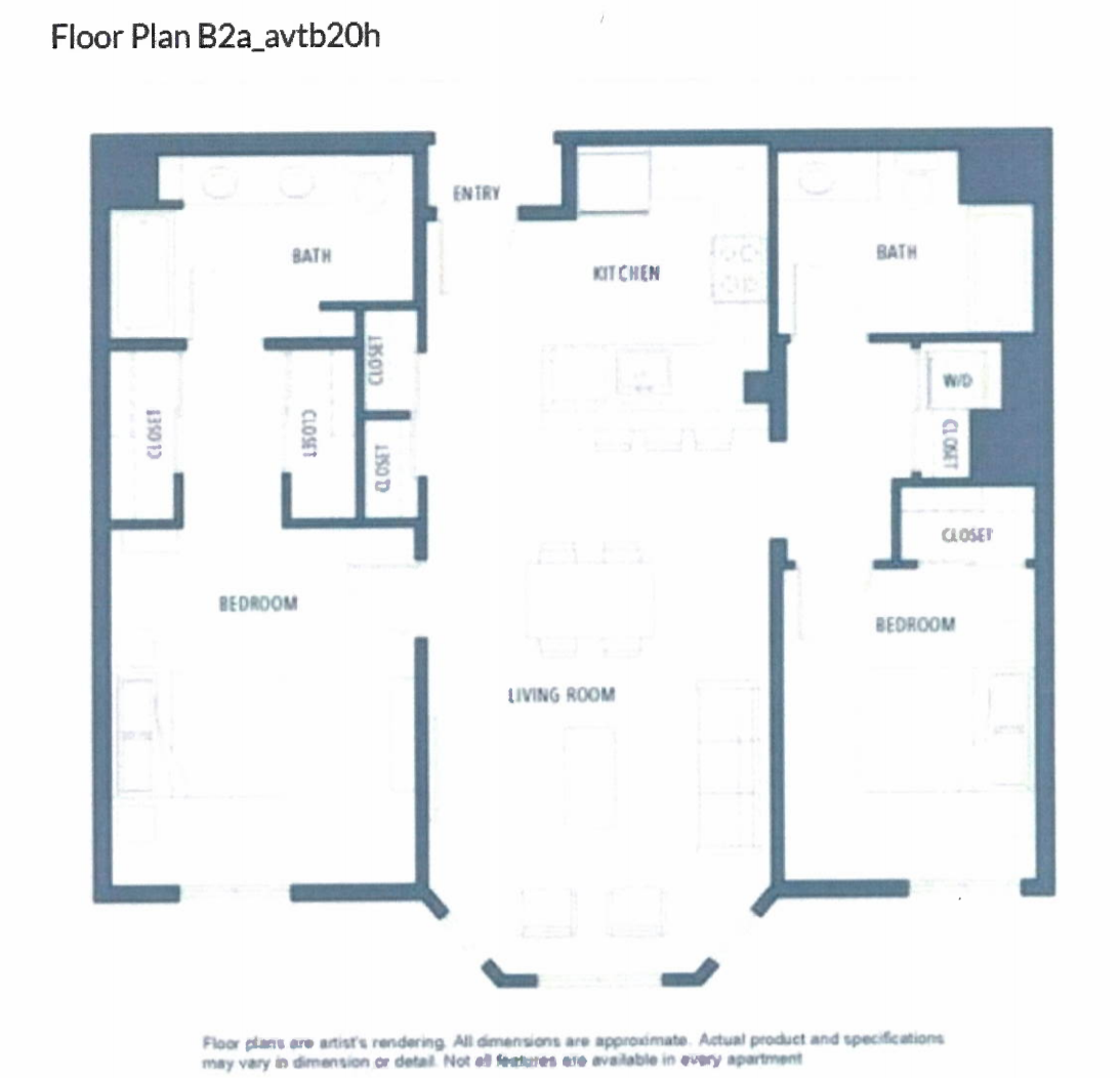 Floor plan for 2 beds, 2 baths, 1147 sqft